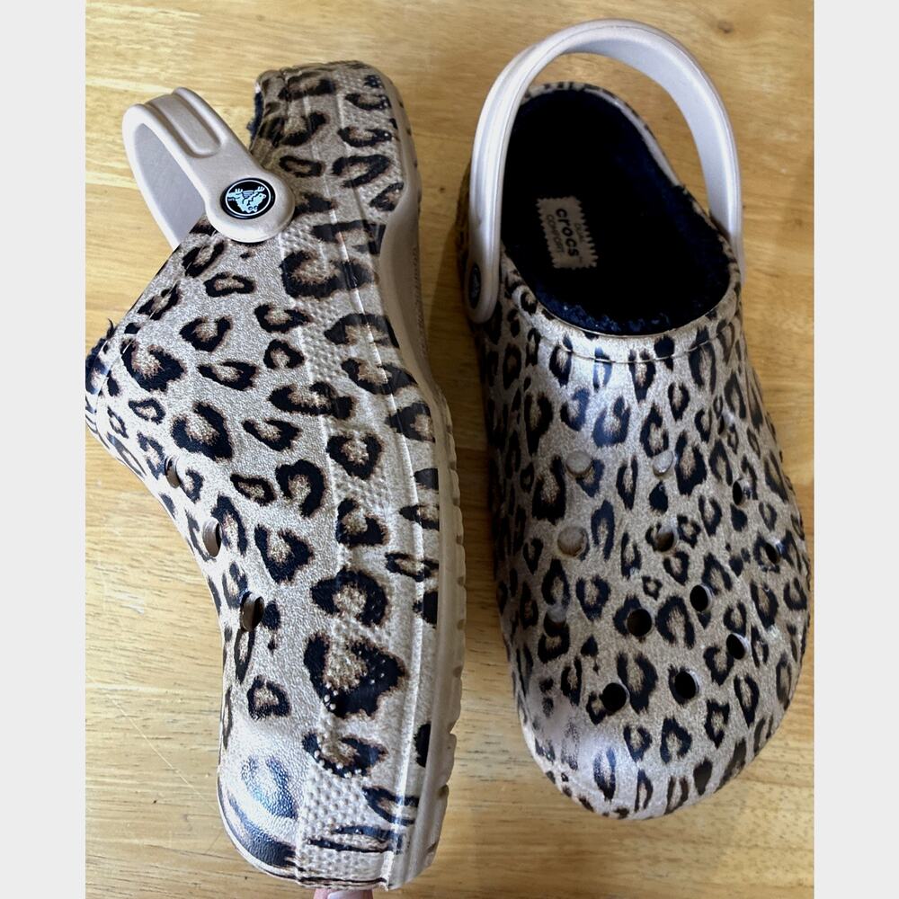 Y2K Crocs Leopard Animal Print Clogs Fleece Fur Lined Indie Comfy Men 8 Women 10